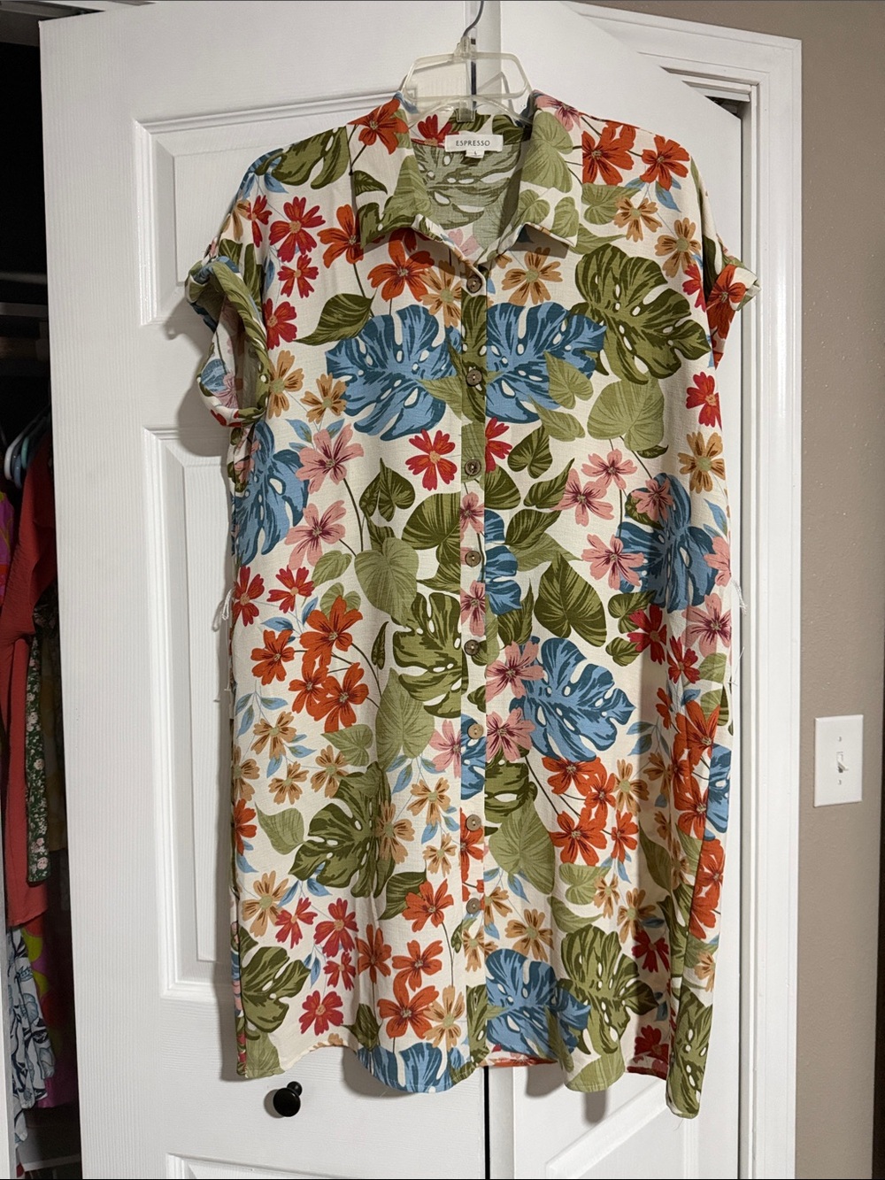 Espresso Tropical Floral Button-Down Midi Dress in Blue, Green, Orange